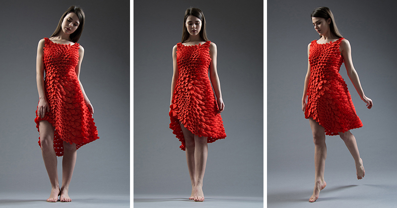 This 3D printed flowing red dress was inspired by petals, and scales