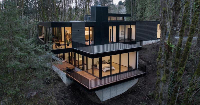 Trees Surround This Modern Hillside House In Portland, Oregon