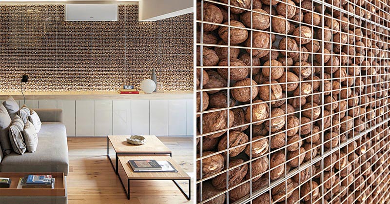 A Unique Accent Wall Was Made By Filling A Metal Cage With Walnuts