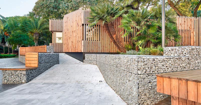 Gabions Were Used To Create Benches And Retaining Walls For This School In Spain