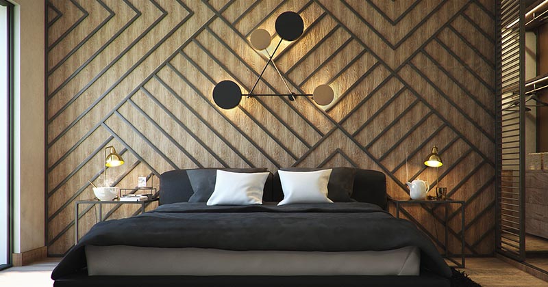 Strips Of Black Wood Were Used To Create An Eye-Catching Geometric Line Art Accent Wall In This Bedroom