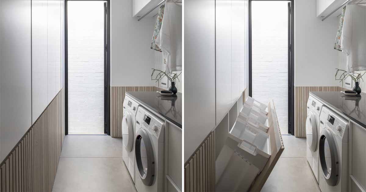 Wood Panels Create Hiding Places For Laundry Baskets Inside This Home