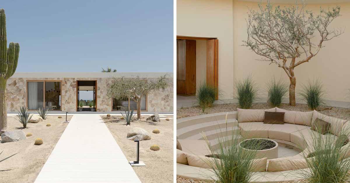 A Stone Covered Home That Surrounds A Central Courtyard With Sunken Seating