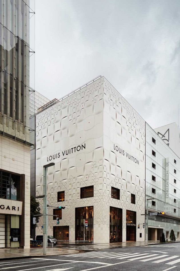The Louis Vuitton Matsuya Ginza facade designed by Jun Aoki & Associates in  2013. The exterior is intended to represent a softer version of…