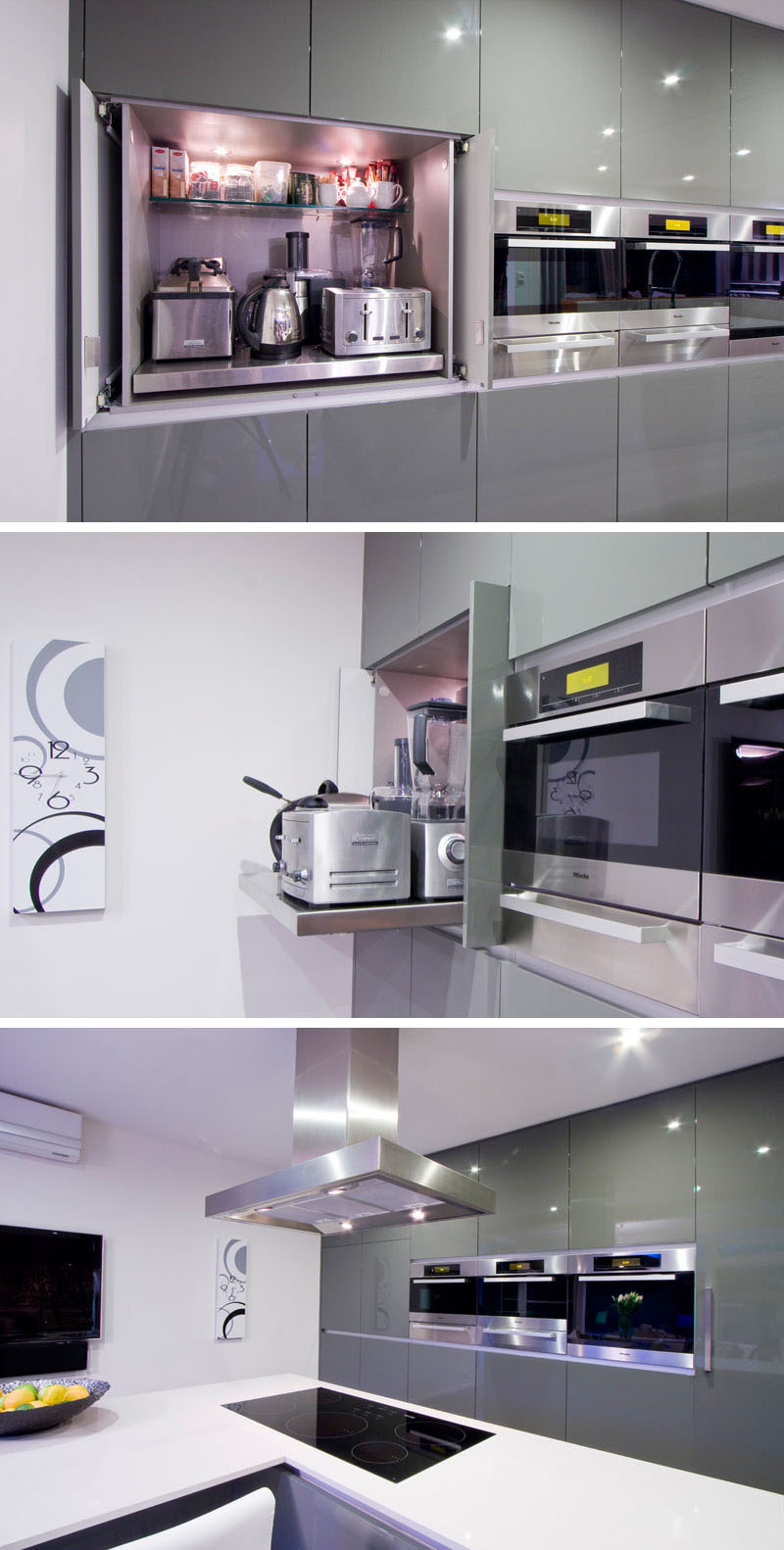 Kitchen Design Idea - Store Your Kitchen Appliances In A Dedicated Appliance Garage // このアプライアンスガレージのメインシェルフは引き出し式で、奥に収納された家電製品にアクセスしやすくなっています。 #ApplianceGarage #KitchenIdeas #KitchenDesign