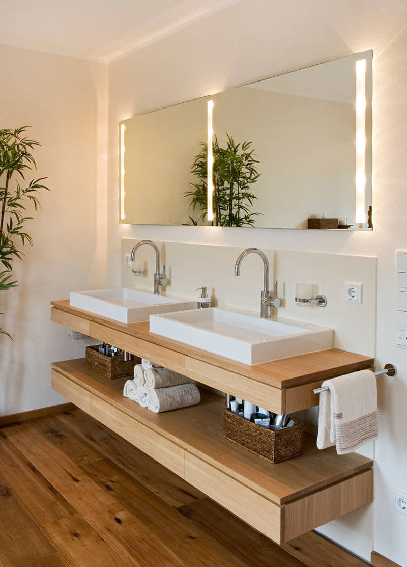Bathroom Vanity Idea - An Open Shelf Below The Countertop (17 Pictures)