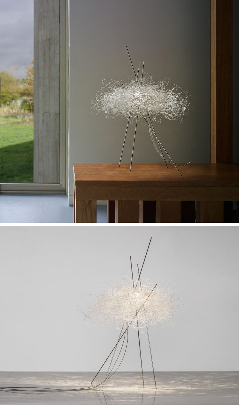 Arturo Alvarez has designed Pili, a modern decorative table lamp, that's made from a single, white painted stainless steel thread.