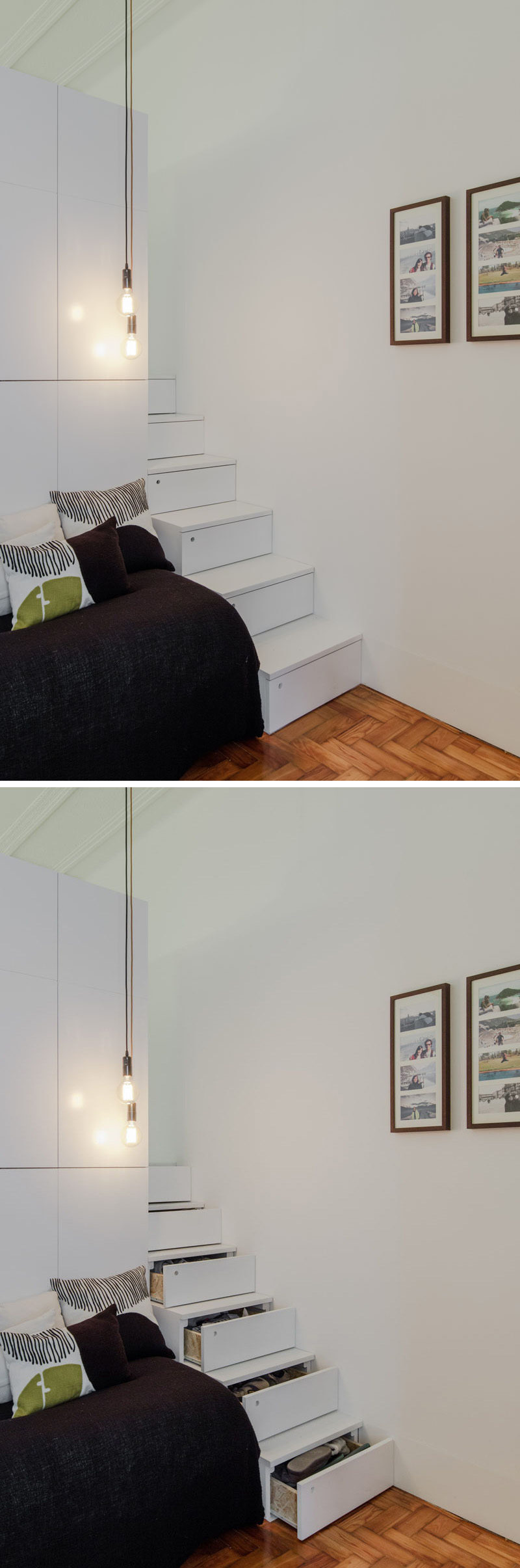In this small apartment, a set of white stairs sits next to a pull out couch/bed combo, with each step able to be opened as a drawer, providing extra hidden storage.