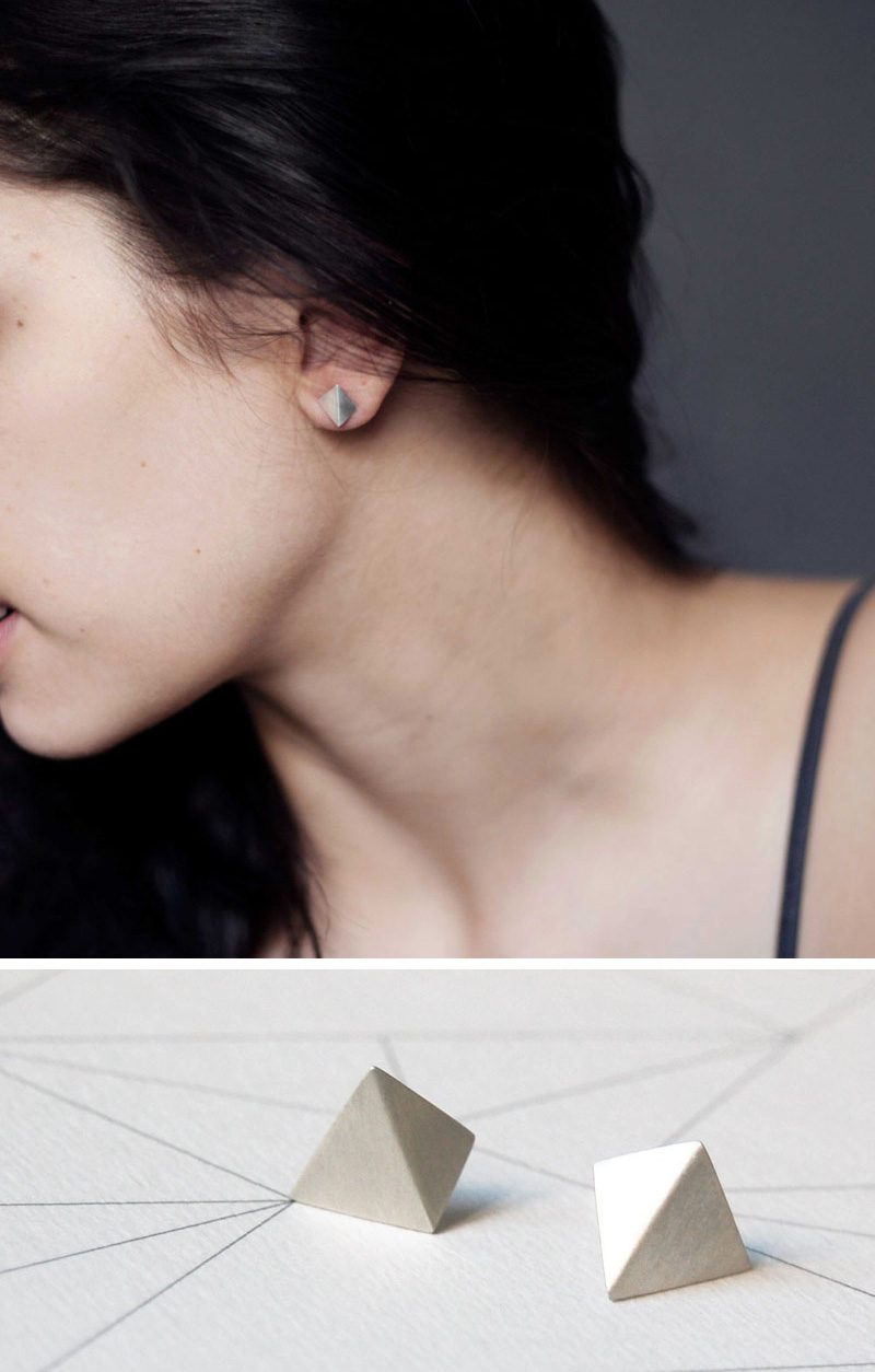Inspired by the clean lines of the pyramid shape, these simple earrings add a geometric touch to any outfit while maintaining a minimalist look. #ModernJewelry #Fashion #Style