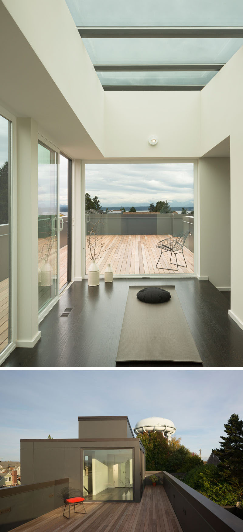At the top of this modern house, there's a private yoga studio that opens up onto a rooftop deck with views of the neighborhood.