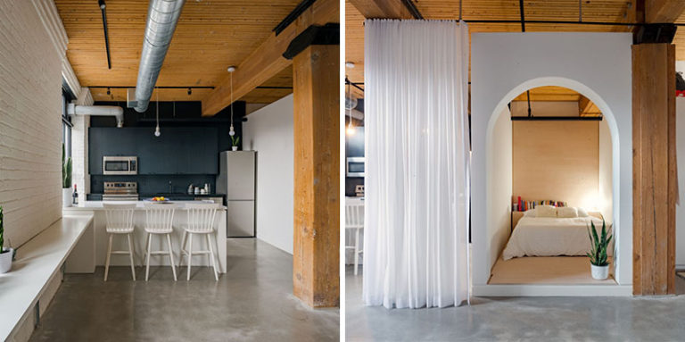 This Apartment Has A 'Bed Box' And Sheer Full Length Curtains For Privacy