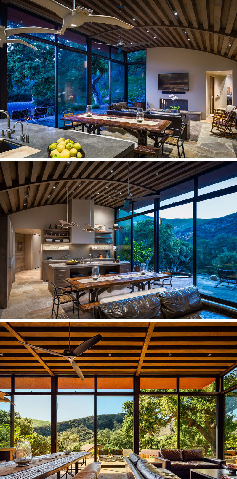 Inside this rustic modern house, Douglas fir beam ceilings draw your eye to the curved ceiling, while the living room, dining room and kitchen all share the same open space. Large windows and sliding doors look out to the valley, and open up to the patio outside. #CurvedCeiling #OpenPlan #InteriorDesign