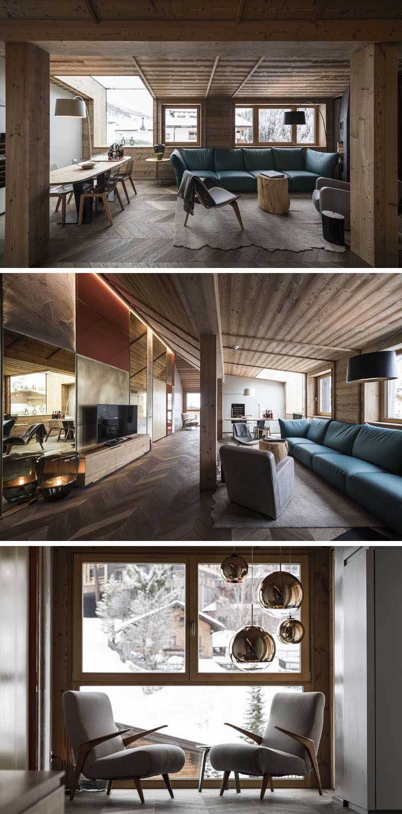 This hotel penthouse has a shared living room and dining room with windows overlooking the mountains, while a small sitting area nearby looks out towards the surrounding neighborhood. #LivingRoom #HotelSuite #InteriorDesign #Penthouse