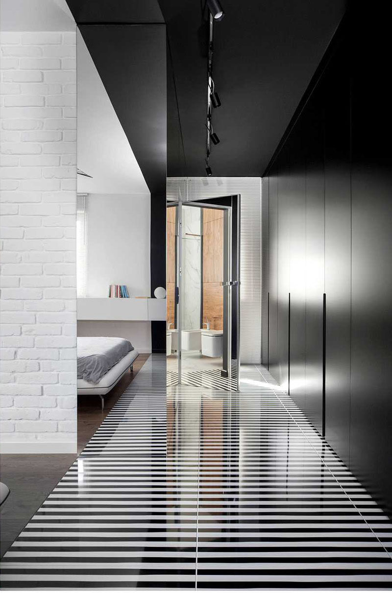 Black And White Striped Flooring And Matte Black Closets