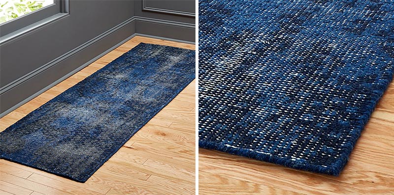 Runner rugs can be used in a variety of areas of the home, like in the kitchen, the hallway, and in the bedroom. #ModernRunnerRug #ModernBlueRug #BlueRunnerRug #ModernDecor