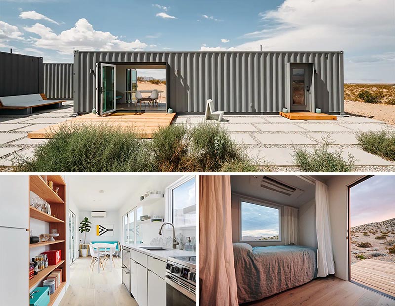 A modern shipping container house with kitchen, living room, and bi-folding doors that open to wood decks.