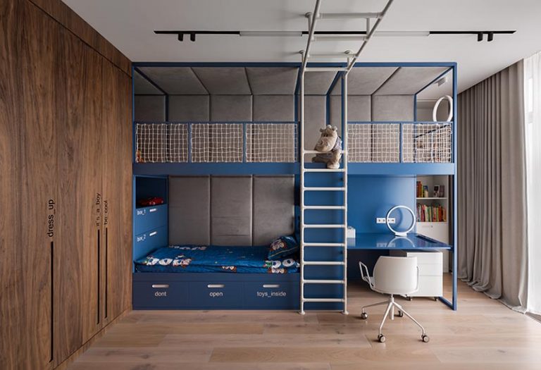 This Kids Bedroom With A Lofted Play Space, Climbing Gym, And Built-In ...