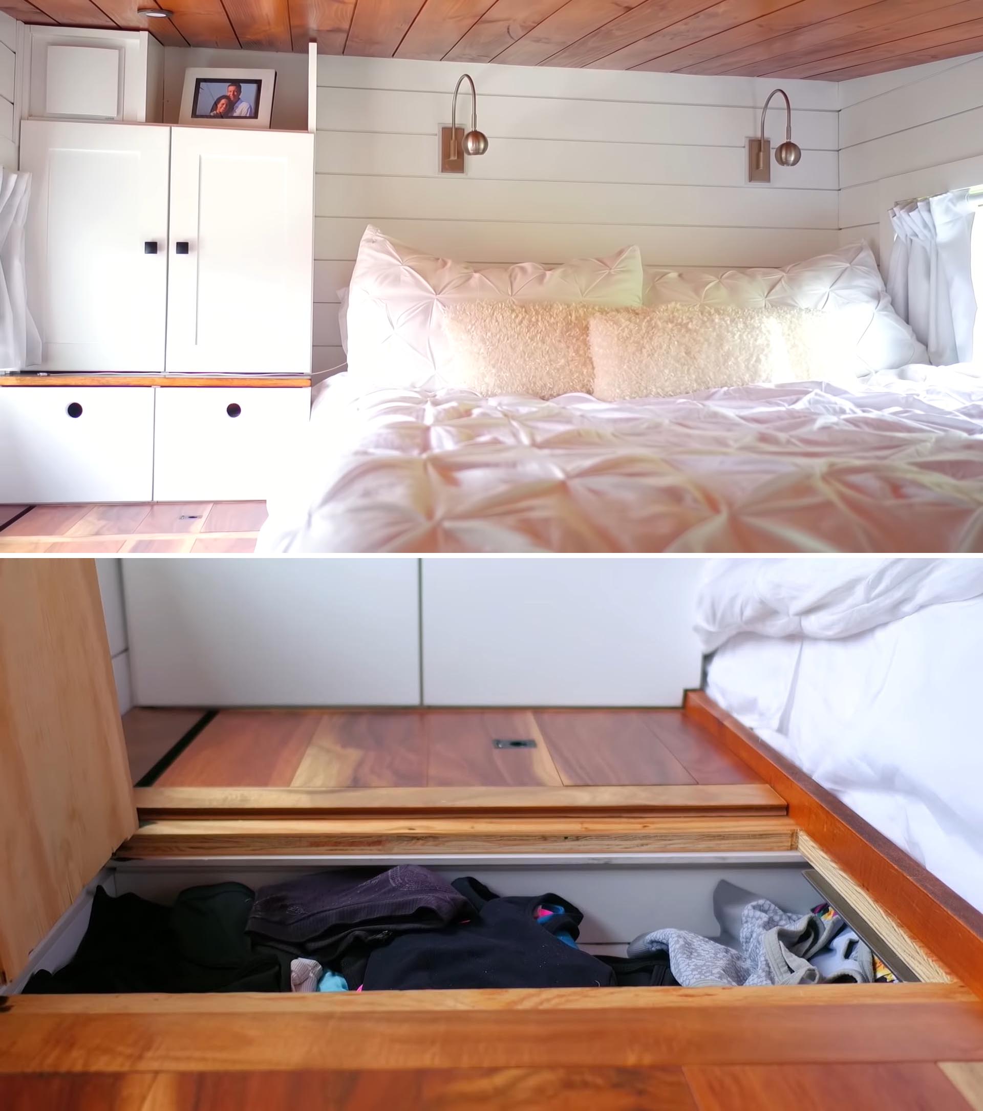 A tiny house loft bedroom with in-floor storage.