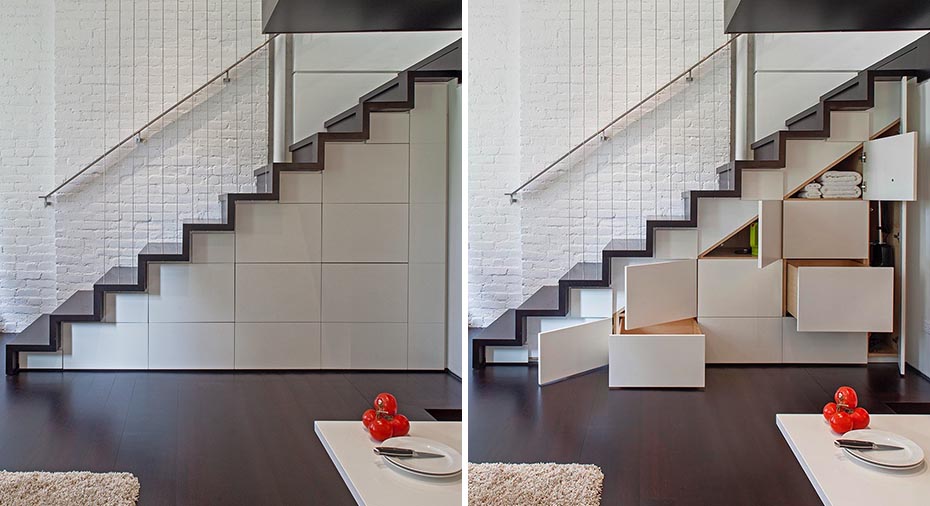 Cabinets And Drawers Under The Stairs Add Much Needed Storage Space To This  Small Apartment
