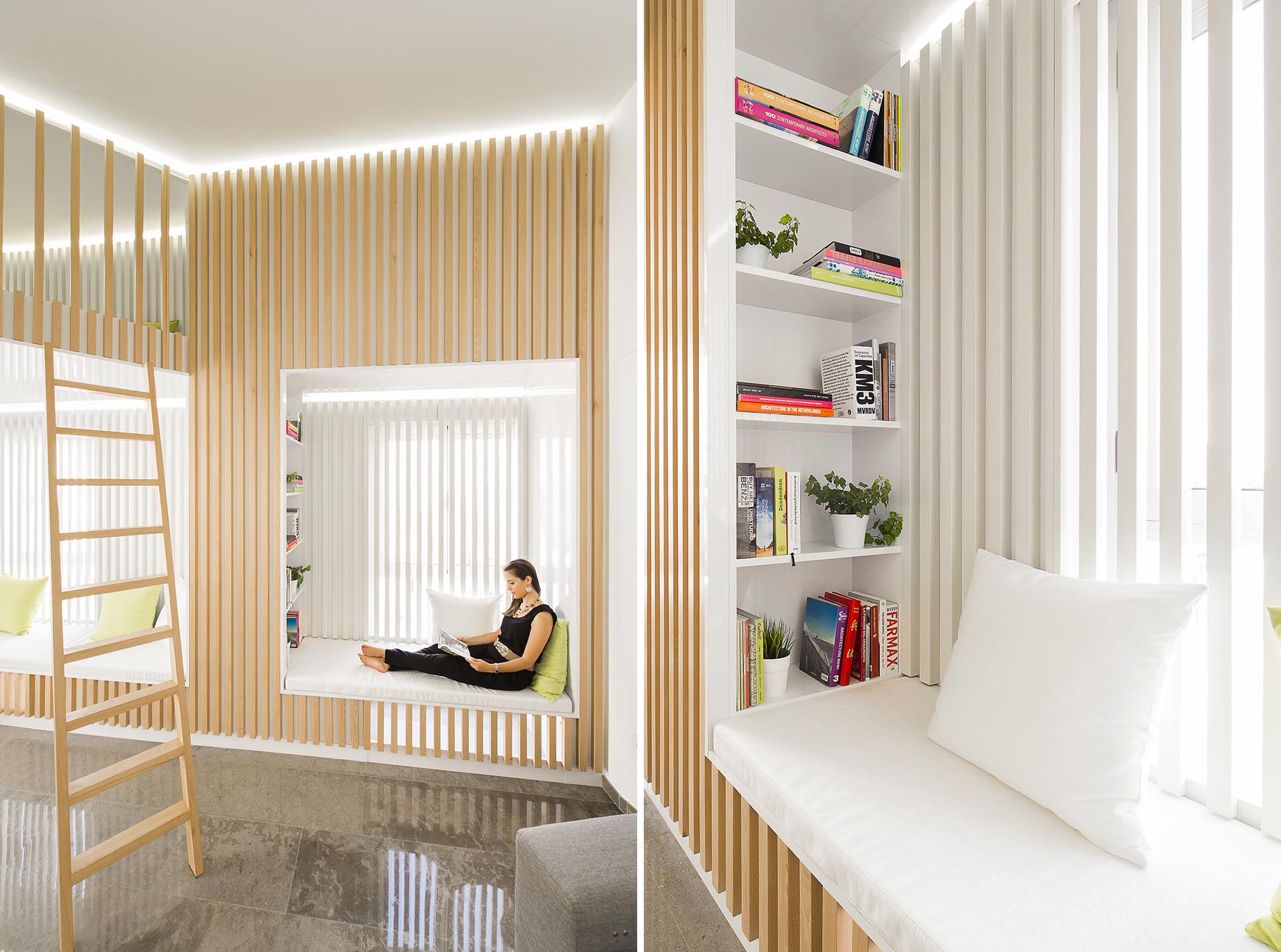 A window seat with a bookshelf that are surrounded by wood slats.