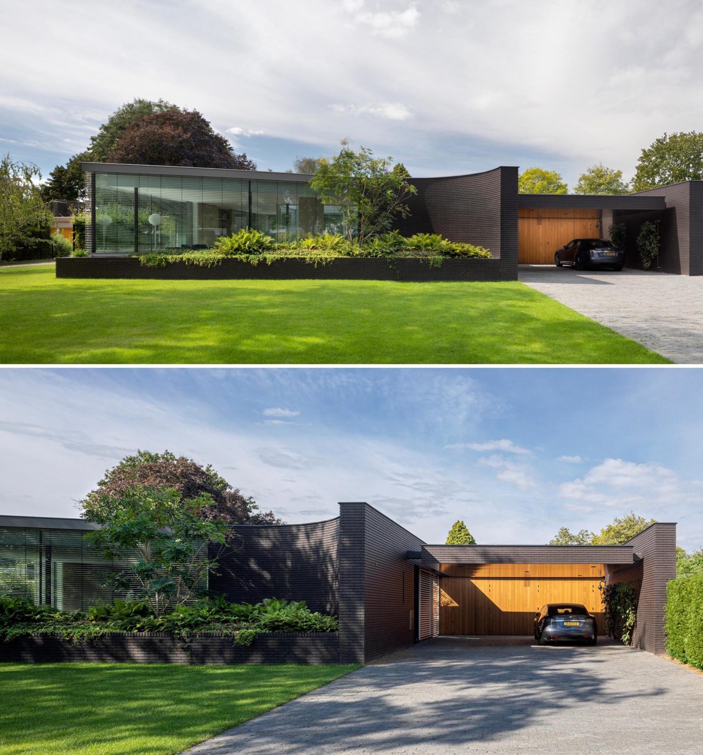 This Home Combines A Black Brick Exterior With Large Glass Walls For A