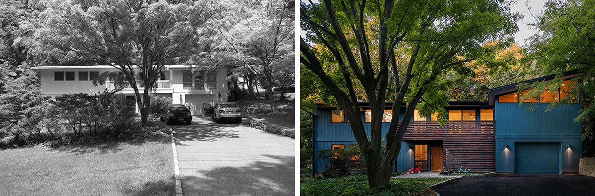 Before & After - This Remodeled Home Was Renewed With A Bold Blue Exterior And Wood Accents