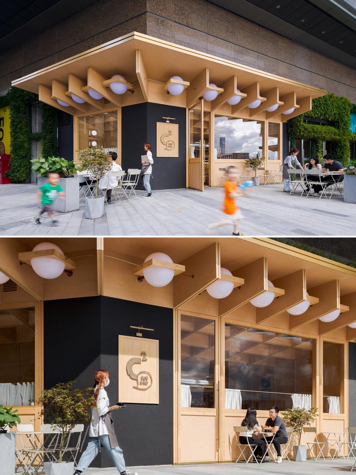 Large Orbs Of Light Surround The Exterior Of This Cafe And Bar