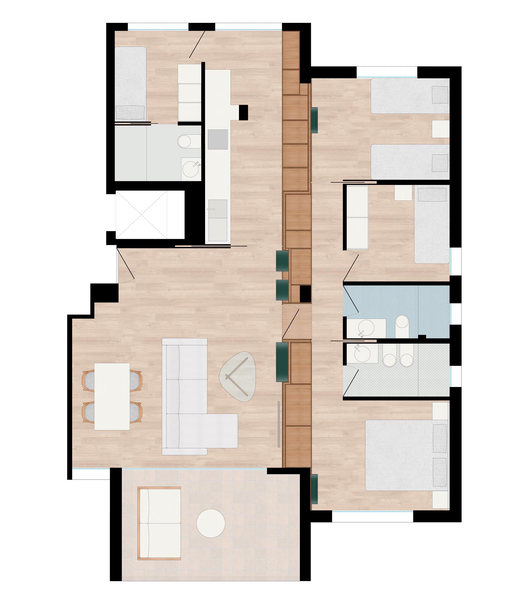 The floor plan of a modern apartment that has a wood storage wall.