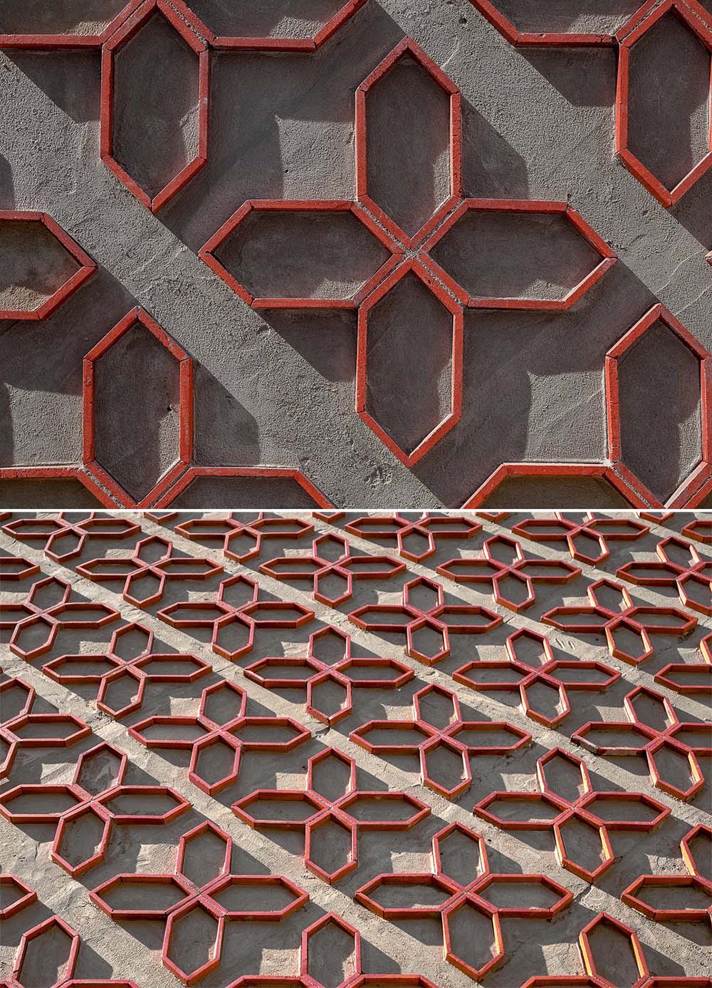 A patterned wall made from cut clay roof tiles.