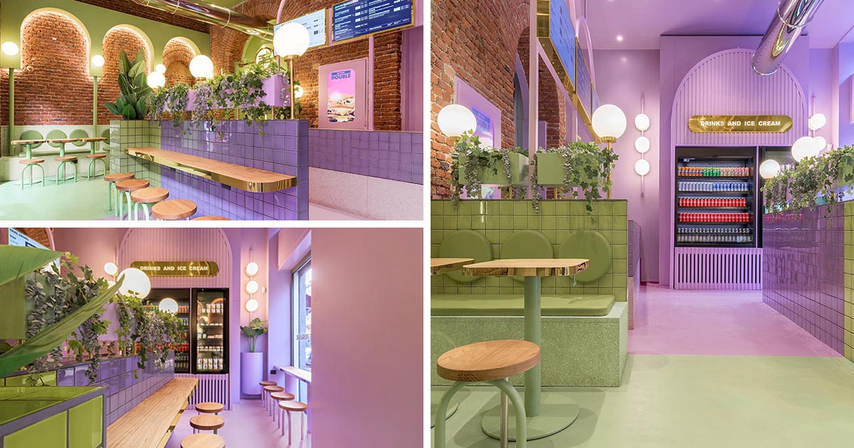 A Colorful Green And Purple Interior Has Been Designed For This New Restaurant In Milan