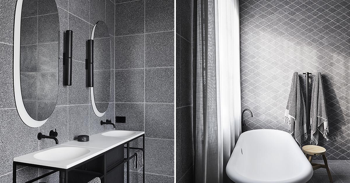 Grey Terrazzo Tiles Help Create A Moody Feeling In These Bathrooms