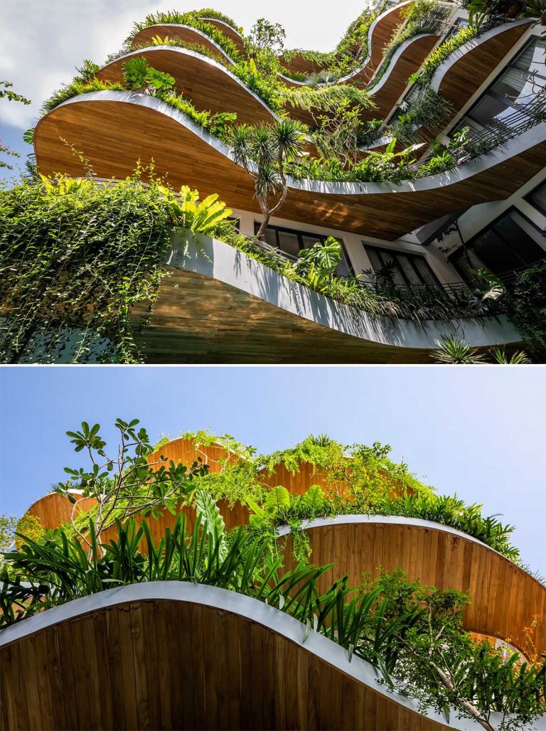 Wavy Balconies With Overhanging Plants Are A Design Feature On This