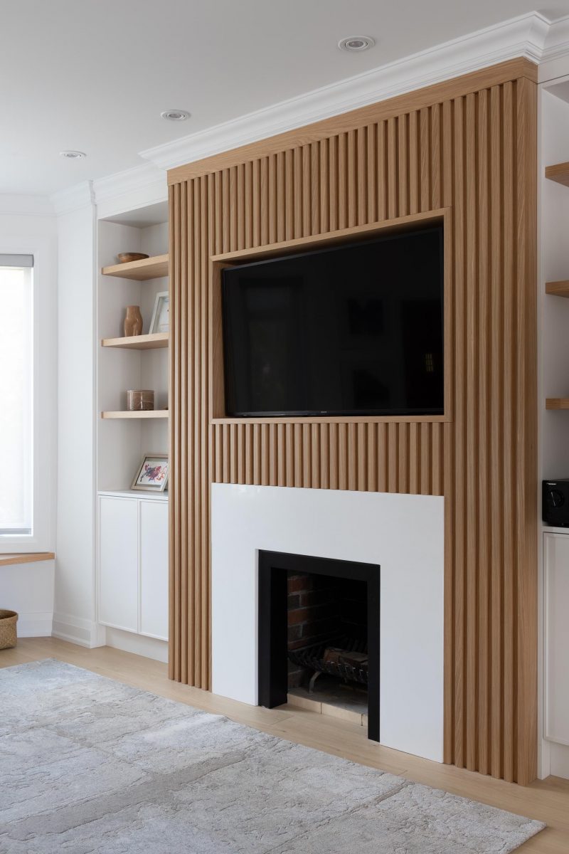 The Wood Slat Accent Of This Living Room Wall Is Perfectly Designed To ...