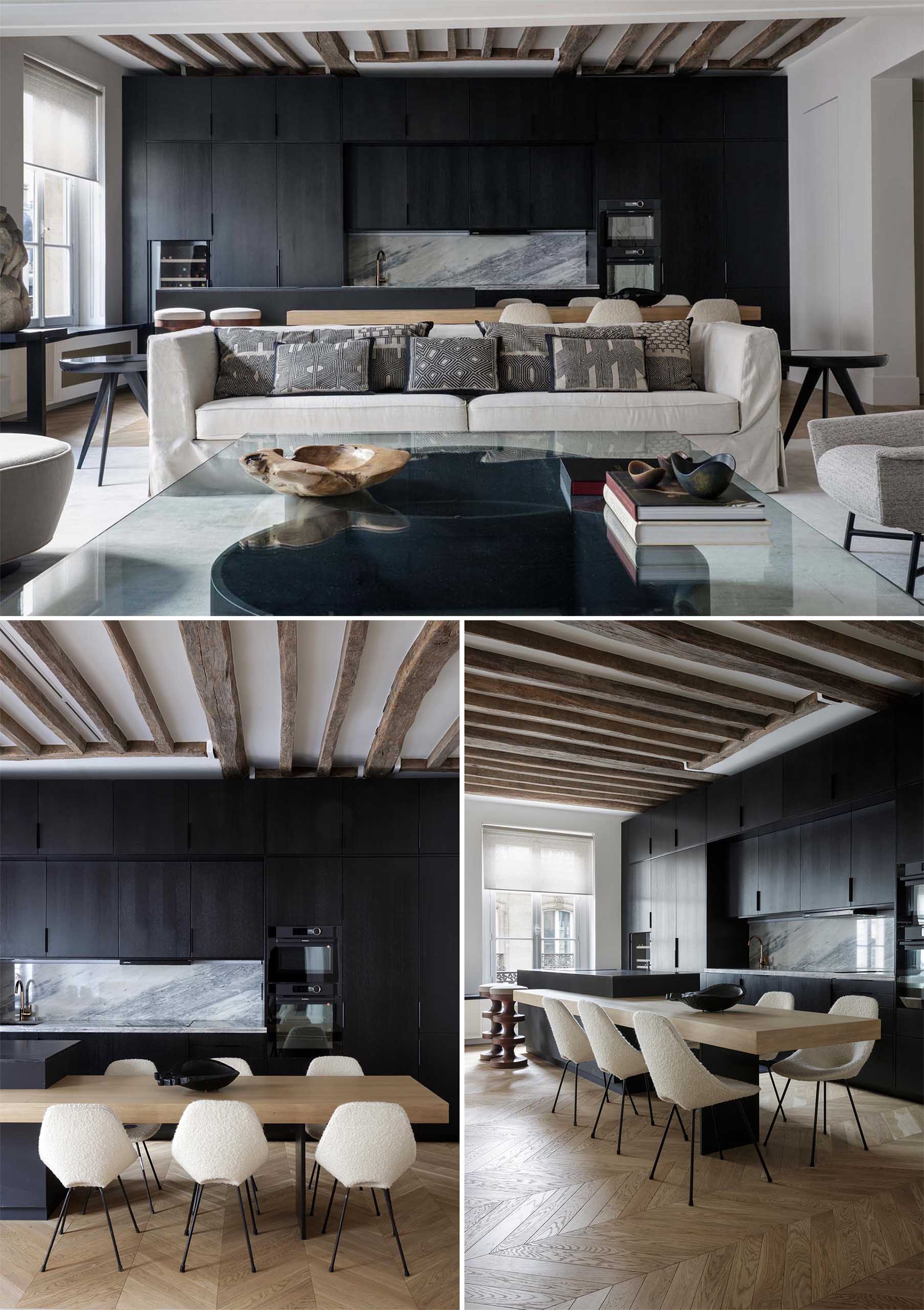 Studio Arthur Casas together with architect Marina Werfel has designed the interiors of a modern apartment in Paris, France, that includes a striking matte black kitchen.