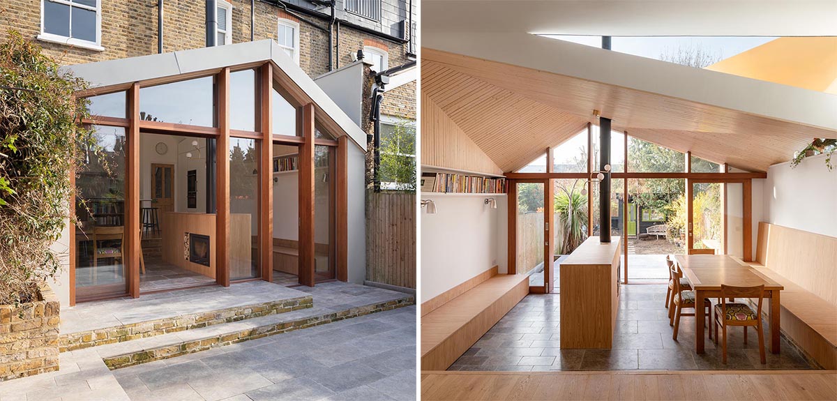 A Wood Lined Angled Ceiling Adds Architectural Interest In This Home Addition