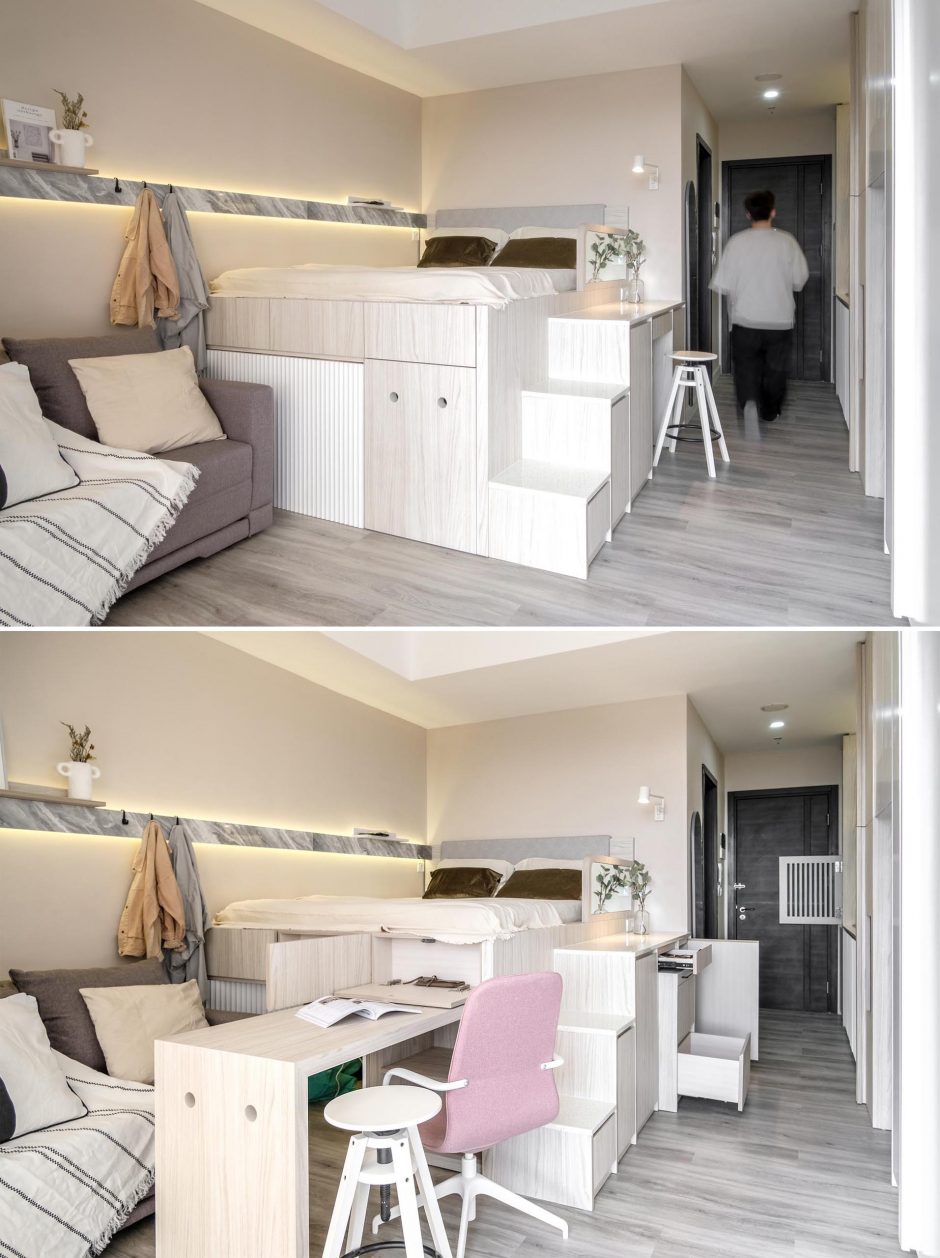 The Loft Bed In This Small Apartment Was Designed With Storage And A ...