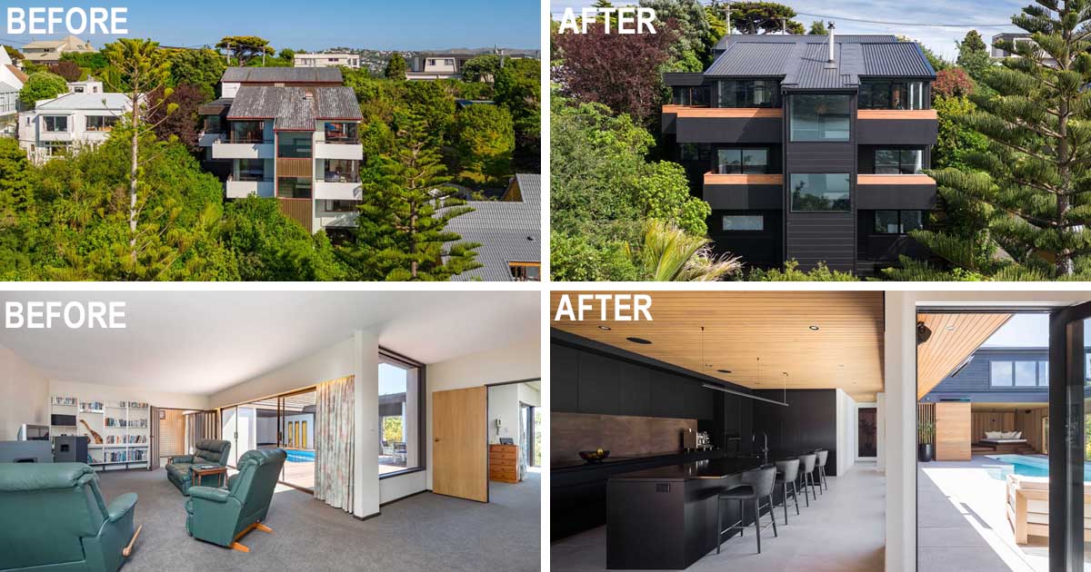 Before & After - This 1970s Hillside Home Was Remodeled Into A Modern Black With Wood Accents