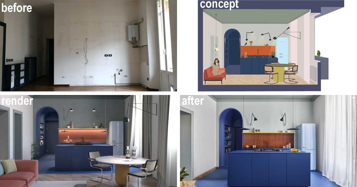 Before & After - A Remodeled Apartment Interior Uses Bold Colors In Its Design