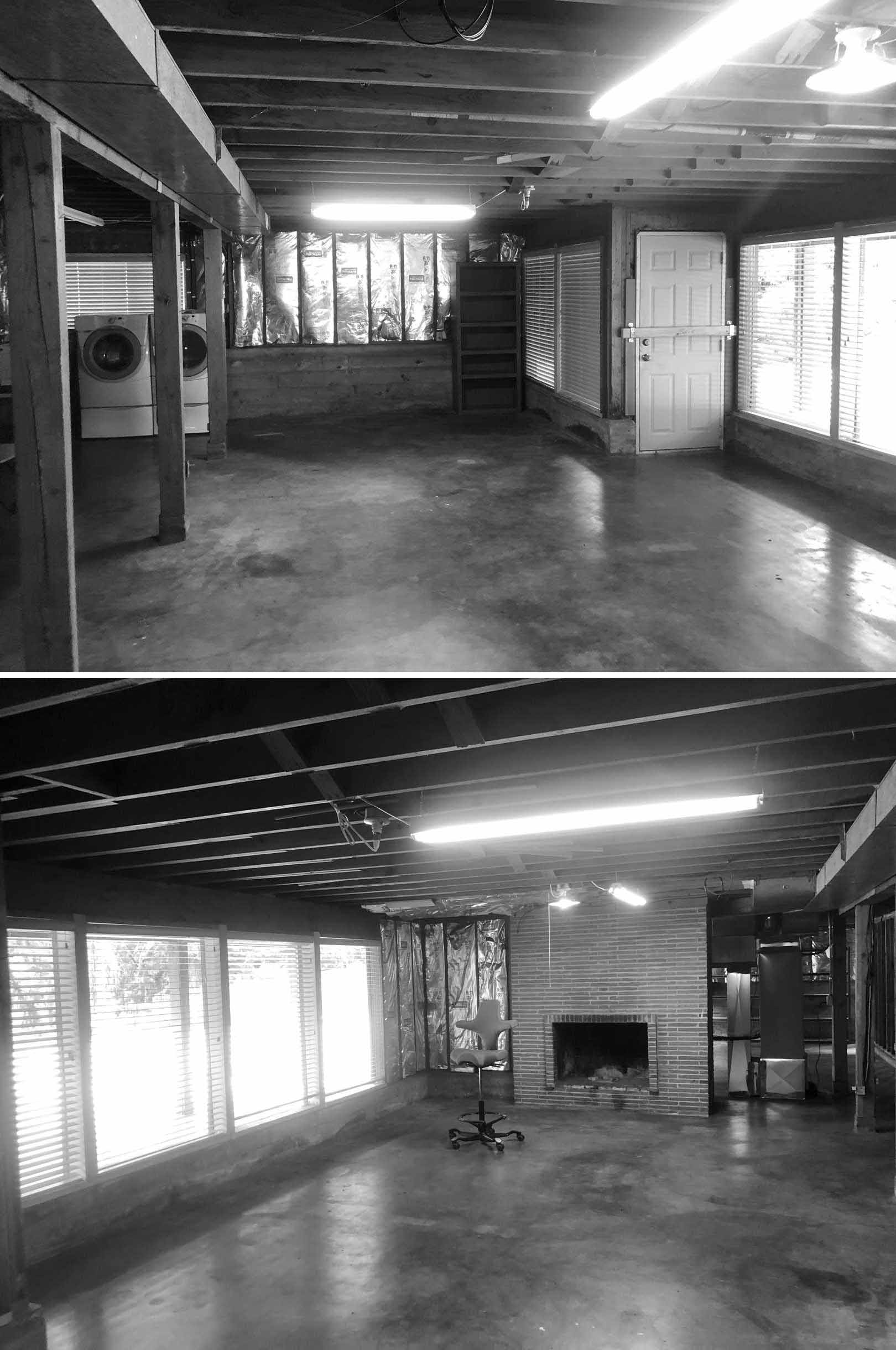 BEFORE - The lower level of the home, or the basement, was underutilized with exposed structures and insulation.