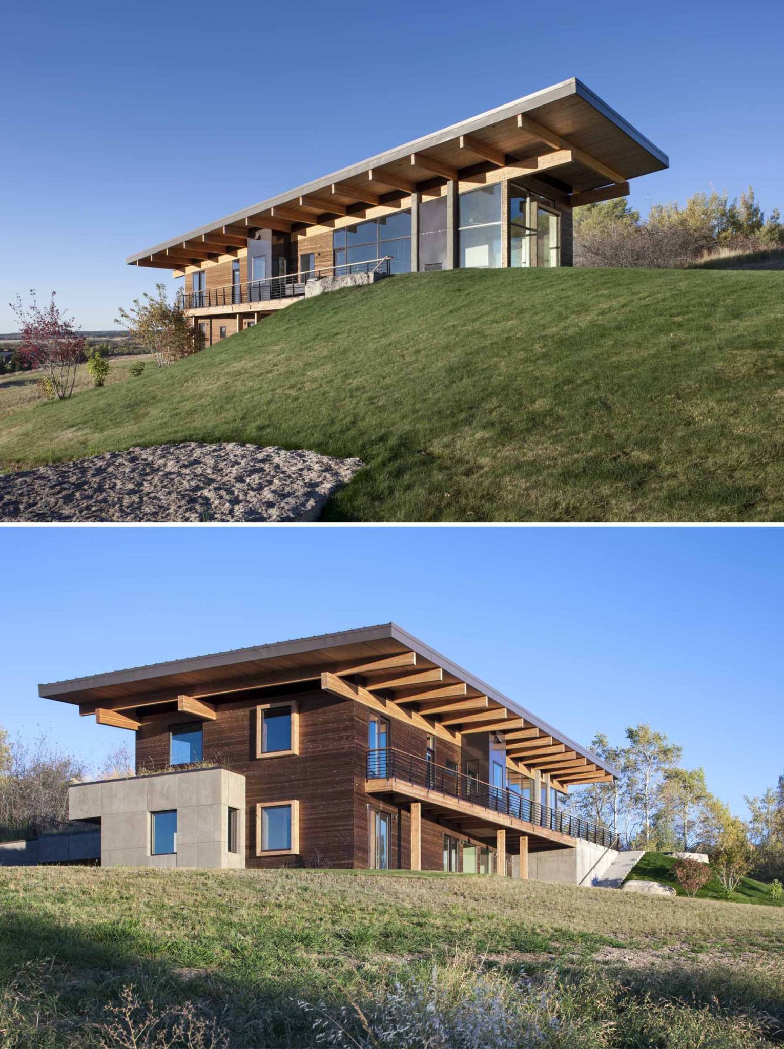 Exterior Lighting Shows Off The Post And Beam Structure Of This Home