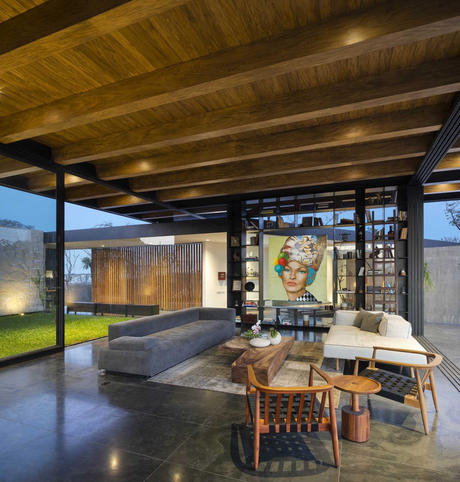 The Exposed Wood Ceiling Of This Home Shows Off Its Structure