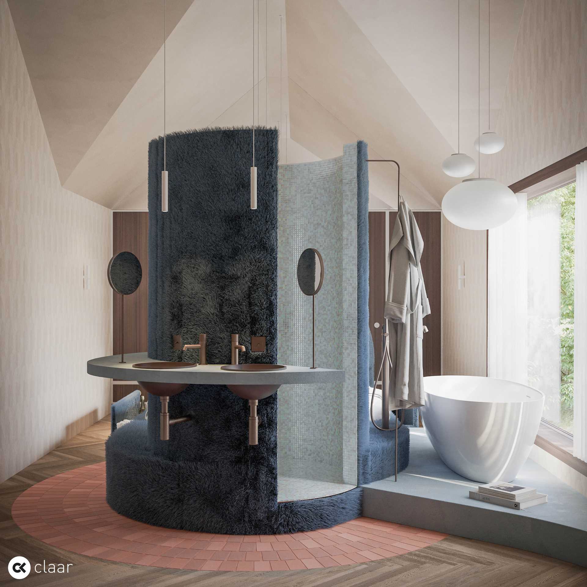 A hotel-inspired bedroom and bathroom suite with a circular shower, freestanding bathtub, double vanity, and lots of storage.