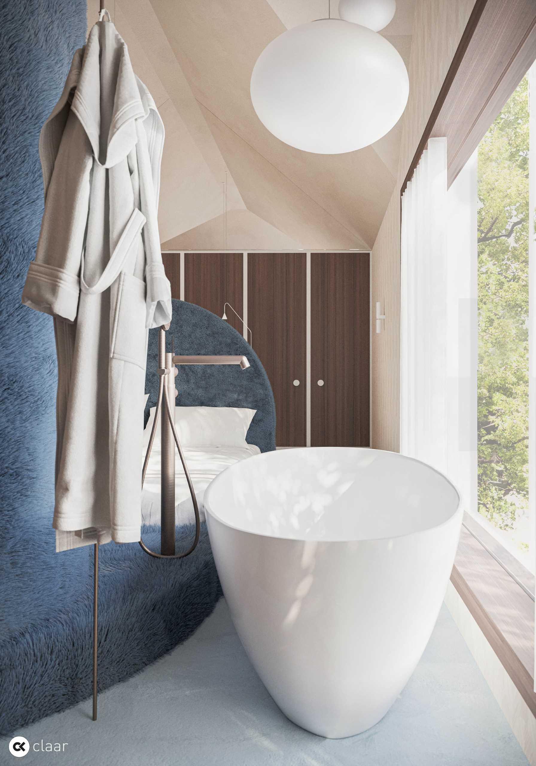 A hotel-inspired bedroom and bathroom suite with a circular shower, freestanding bathtub, double vanity, and lots of storage.