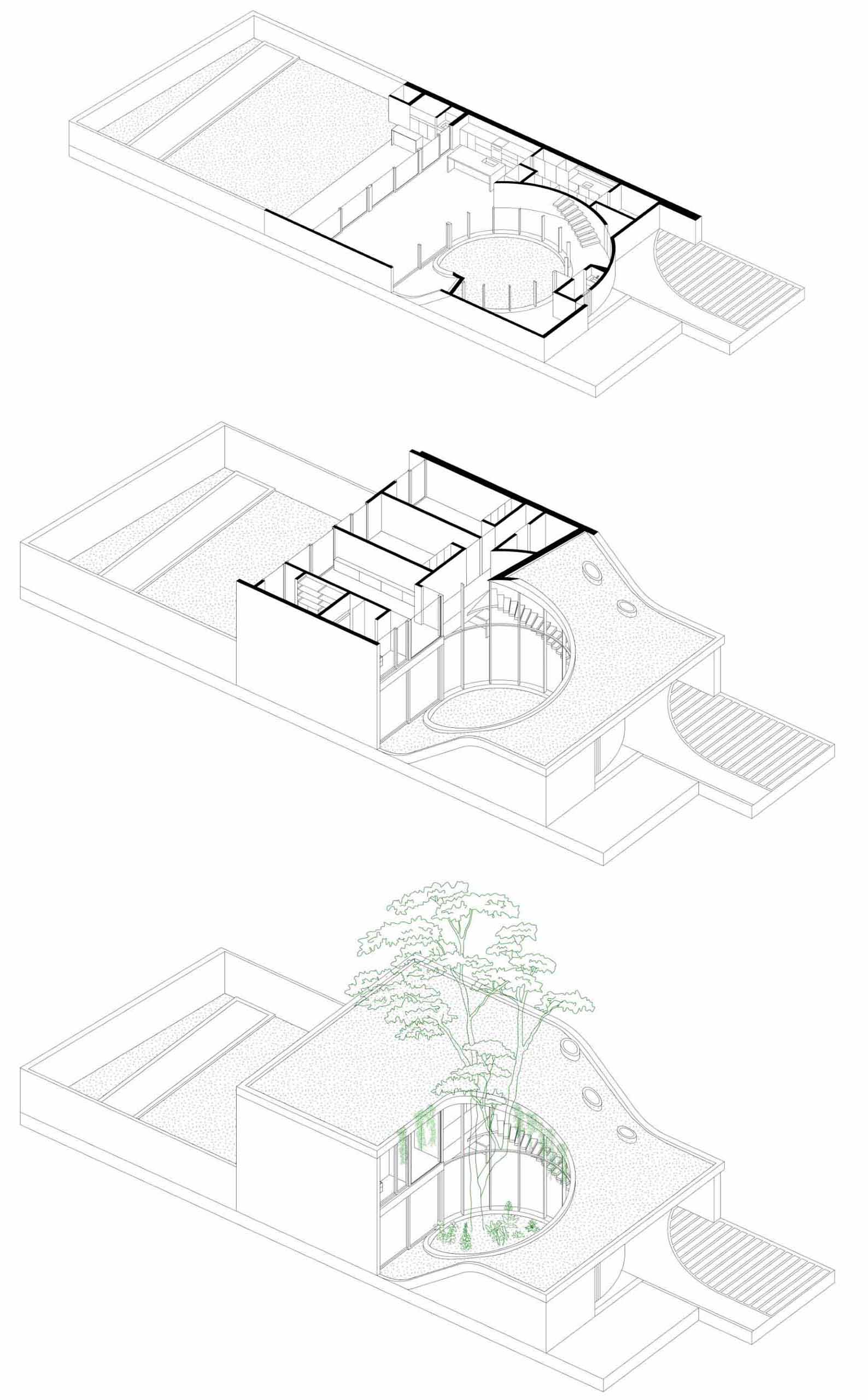A contemporary ،me that wraps around a 100-year-old oak tree and has a green roof.