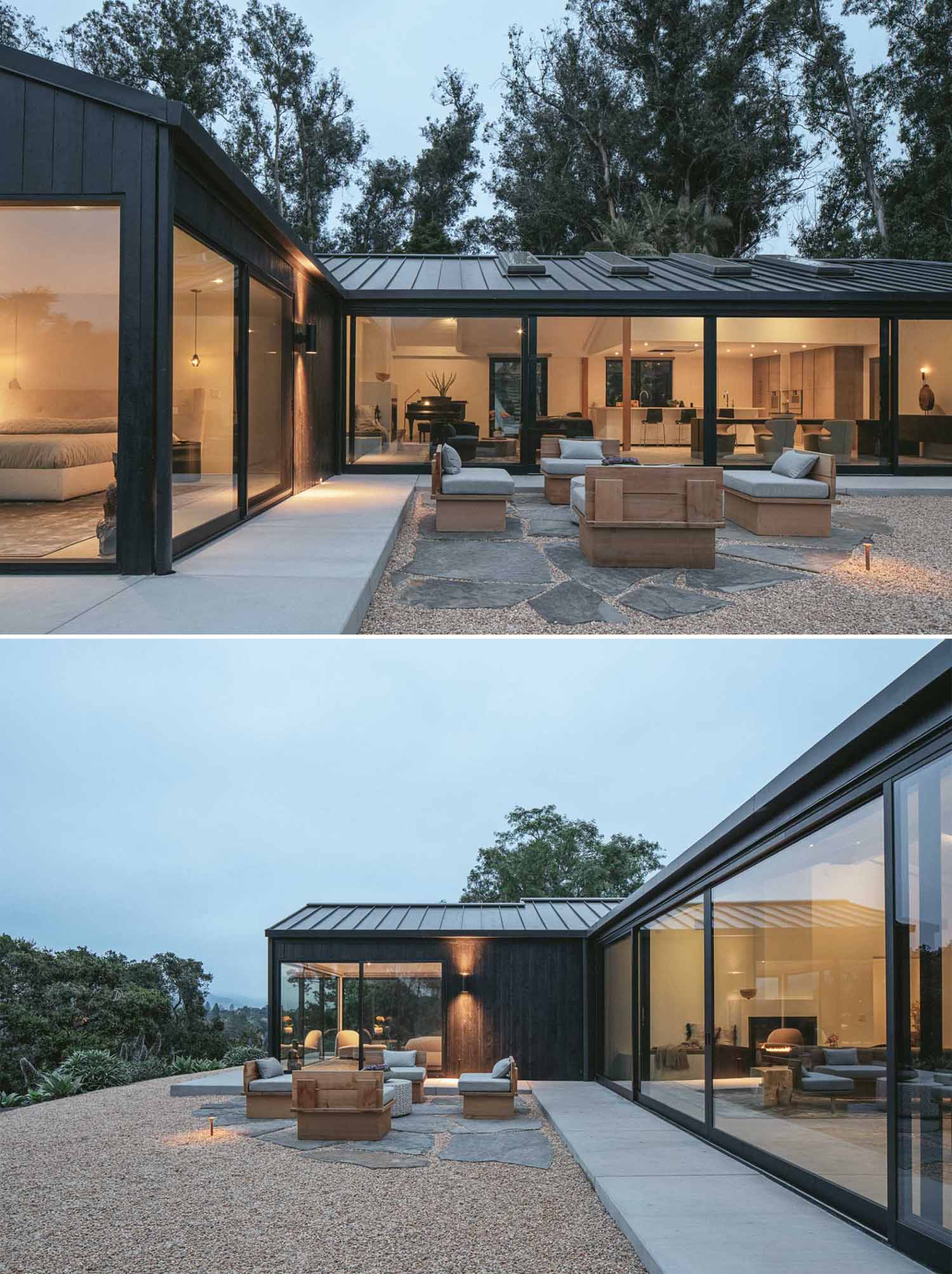 This modern home has concrete floors that flow from inside to outside, and together with new anodized aluminum-and-glass sliding doors, reinforce connections to the landscape.