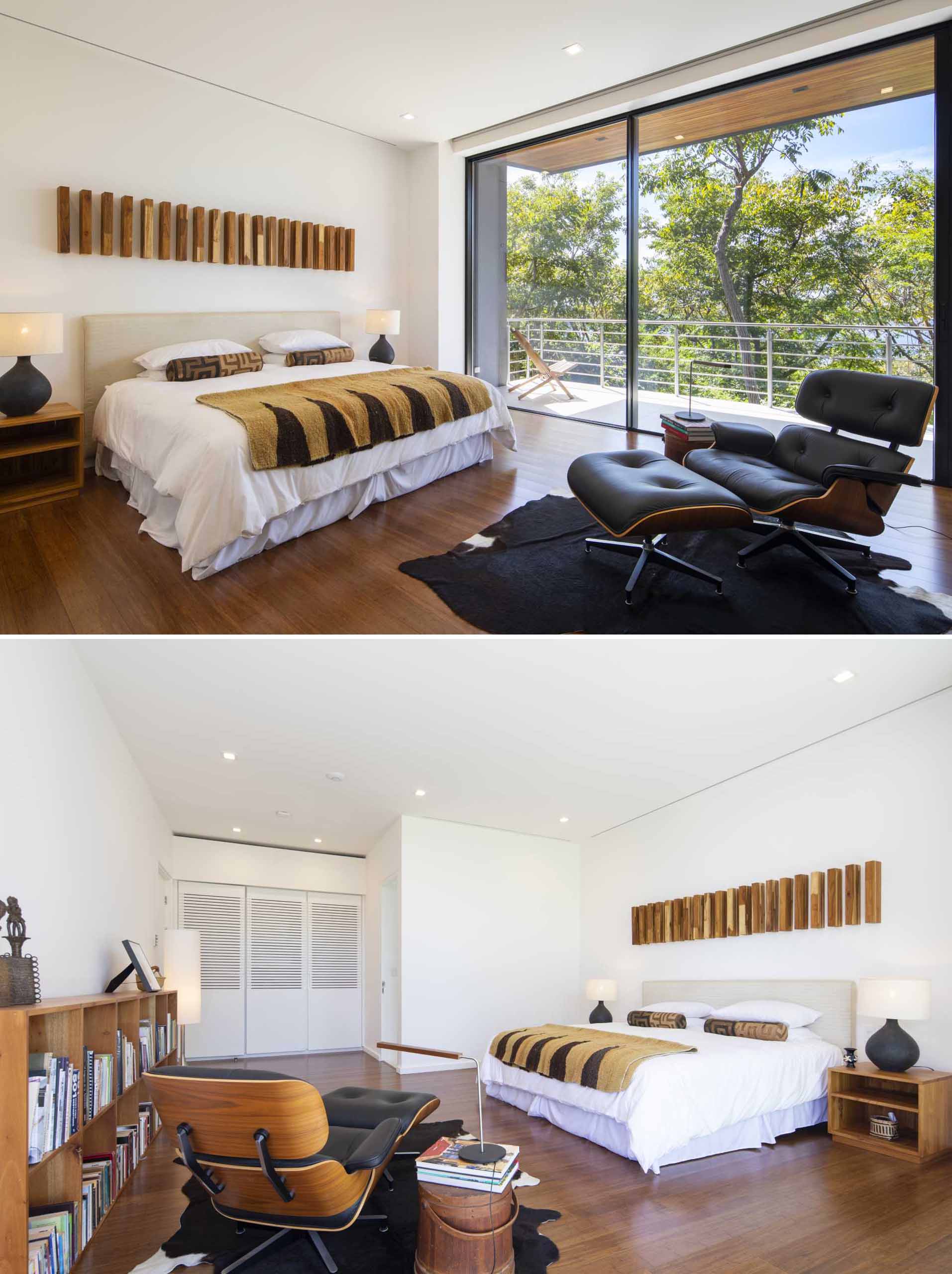 A contemporary bedroom with wood floors and access to a balcony.
