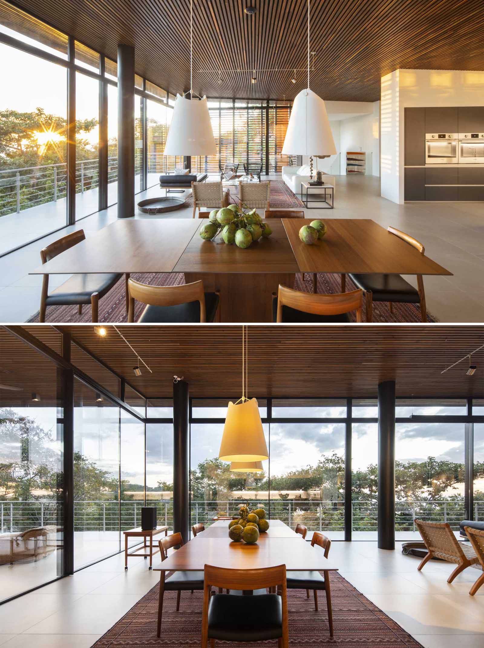 Inside this modern home, the living room shares the open floor plan with the dining room, all of which feature floor-to-ceiling windows, flooding the interior with natural light.