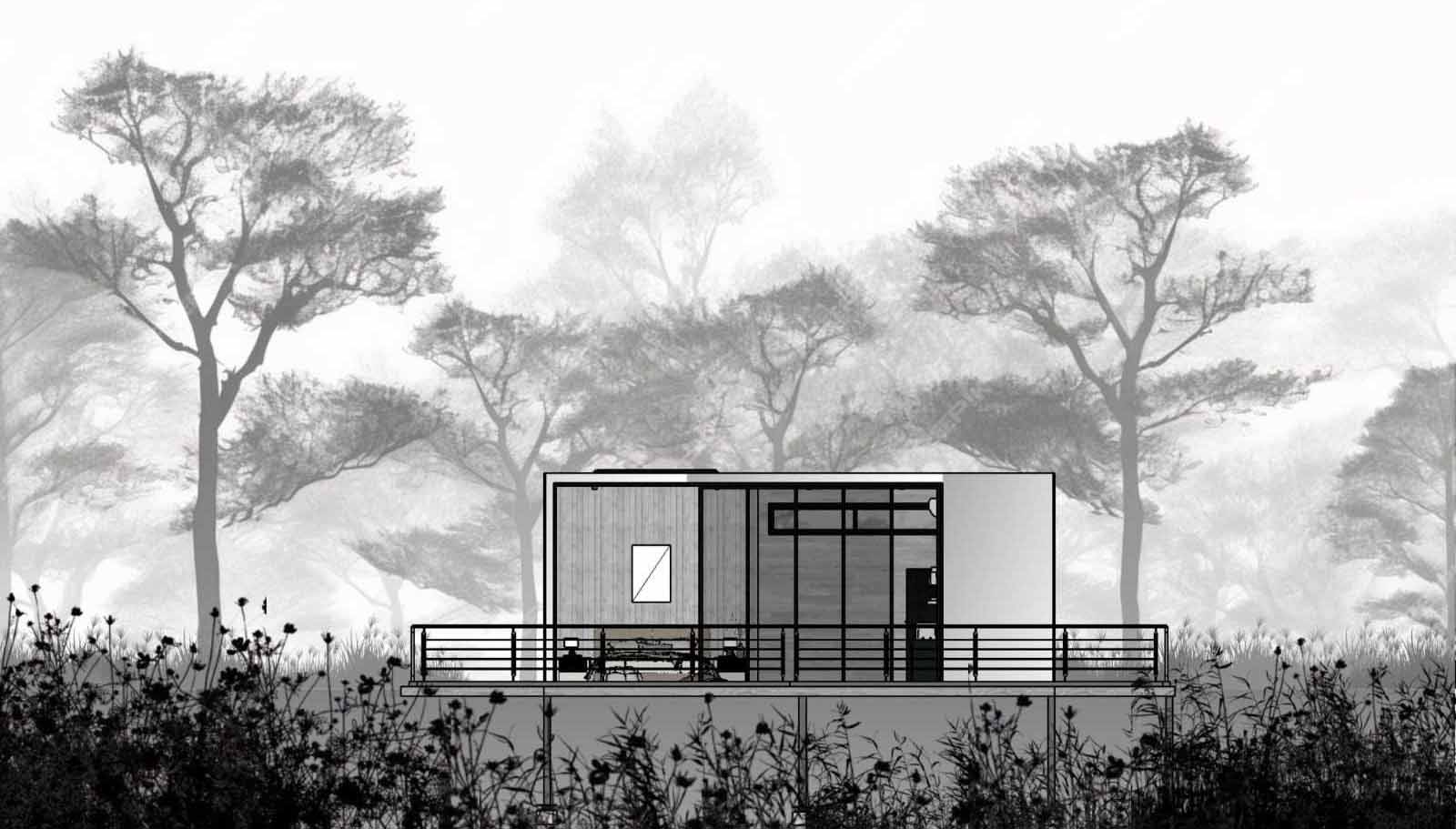 The architectural drawings of a small and modern cabin with a mirrored facade, which also includes a slide-out bed that can be inside or outside on the deck.