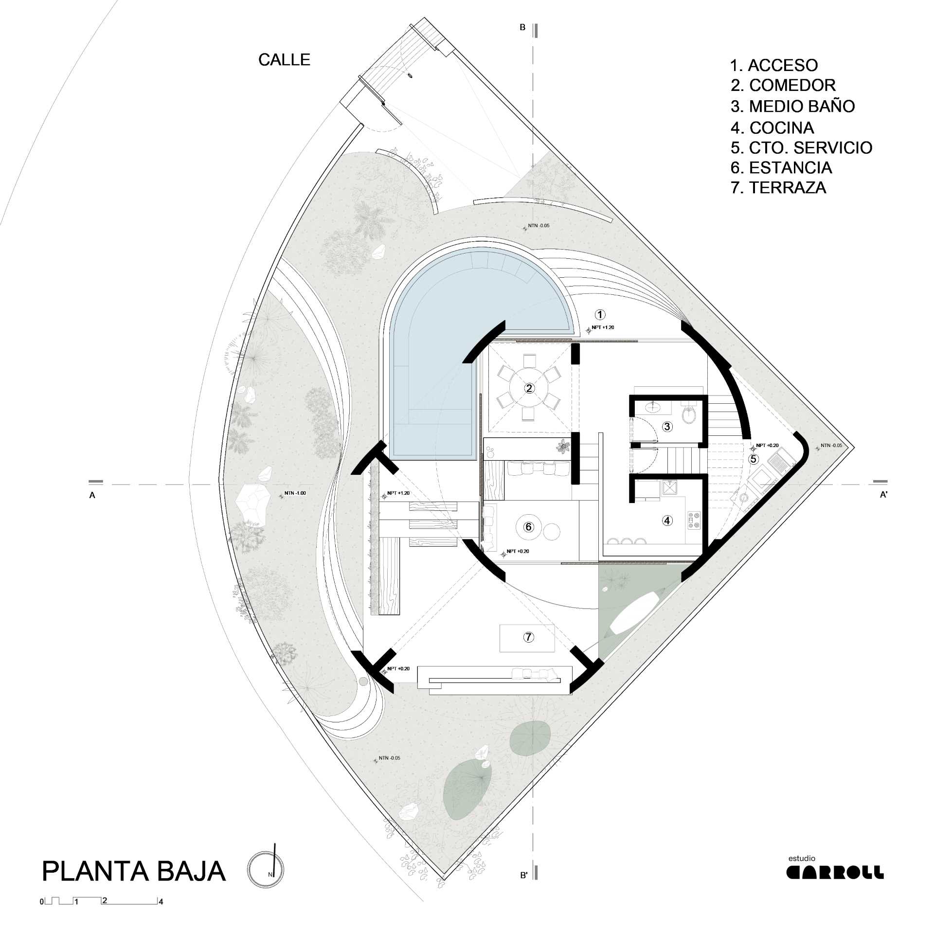 The architectural drawings of a modern concrete home with a curved design.