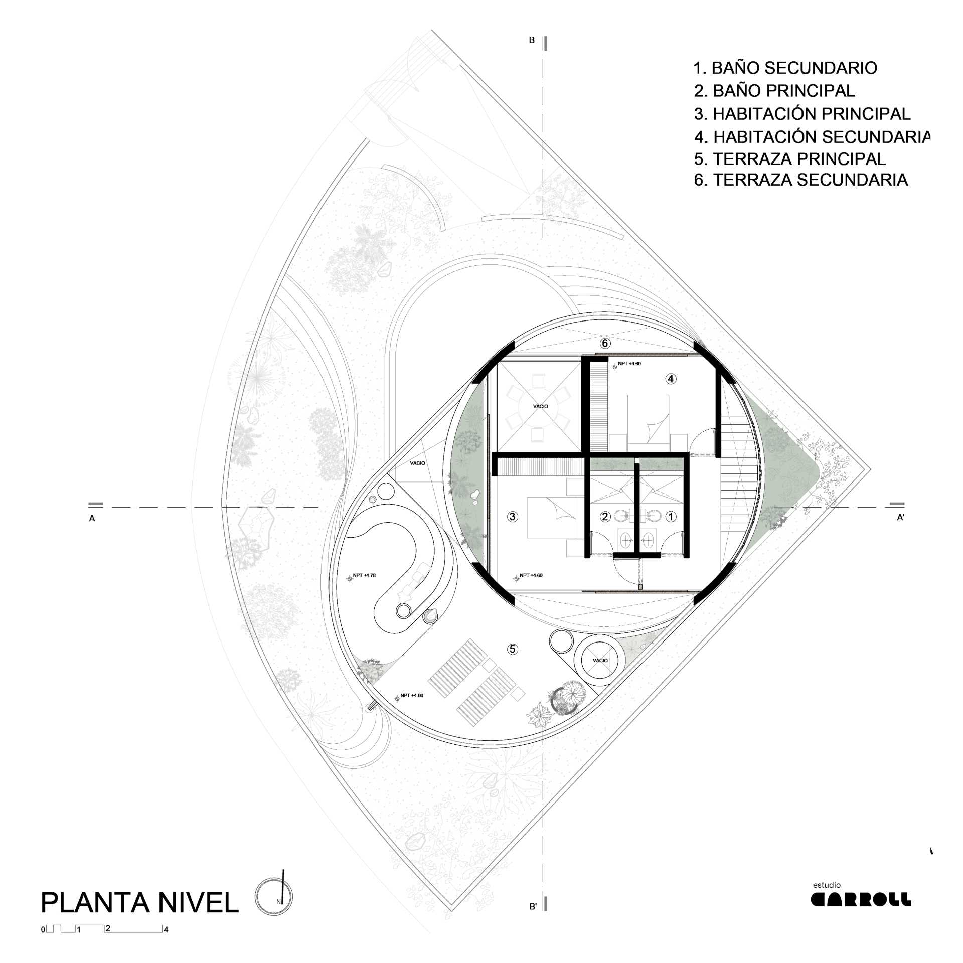 The architectural drawings of a modern concrete home with a curved design.